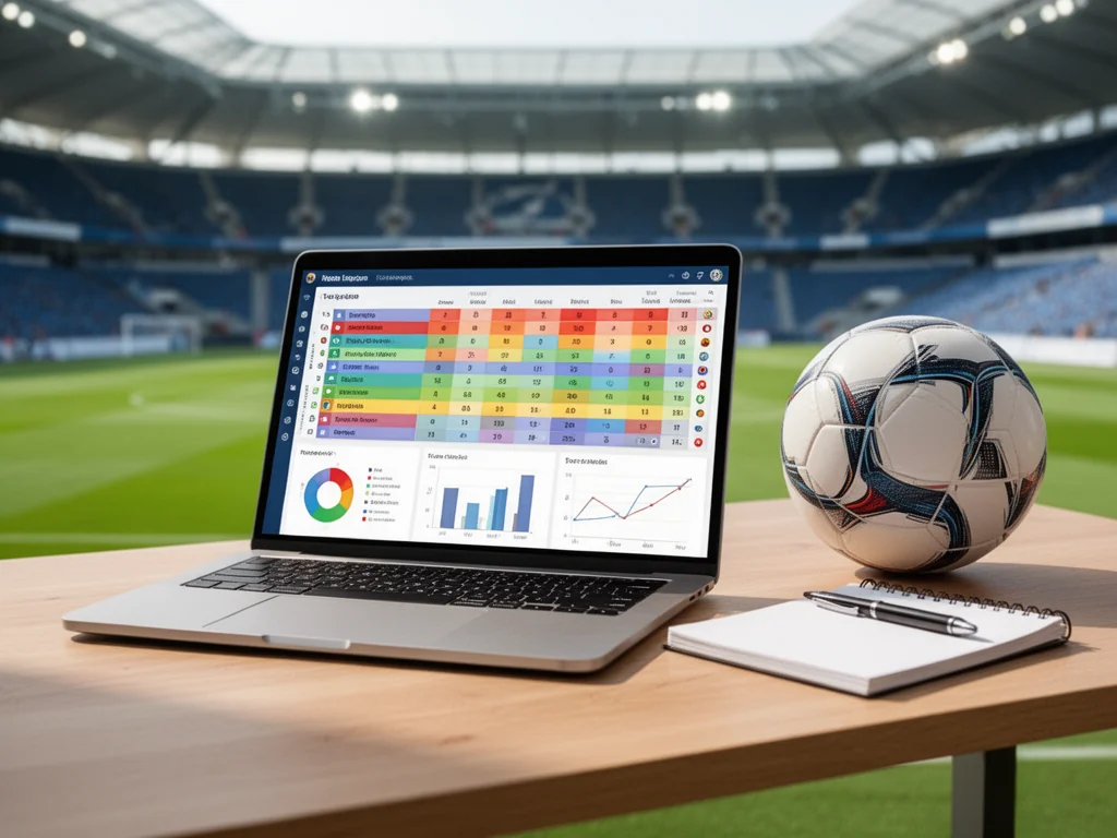 Laptop z kolorową tabelą ligową na biurku obok piłki, notatnika i tła stadionu, symbol analizy Swiss Super League.