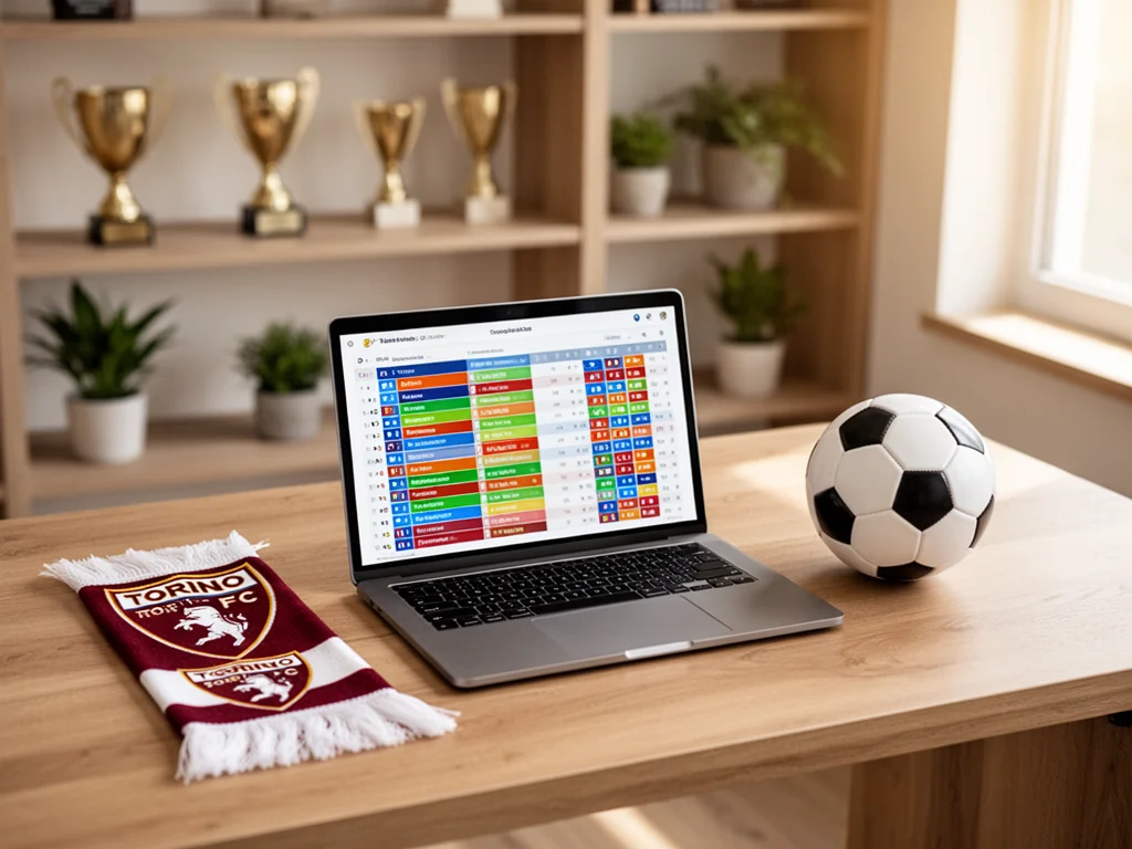 Biurko z laptopem z kolorową tabelą ligową, szalikiem Torino FC i piłką, w tle półki z pucharami i roślinami.