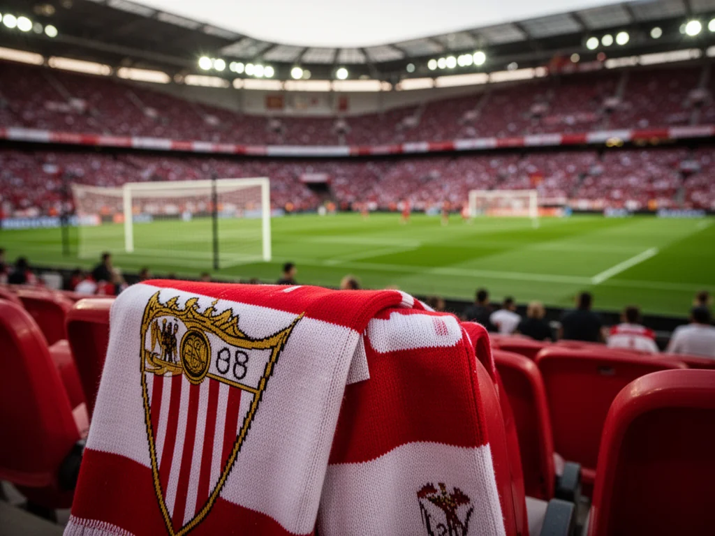 Czerwono‑biały szalik Sevilli na krzesełku stadionu, w tle murawa i kibice przed wieczornym meczem ligowym.