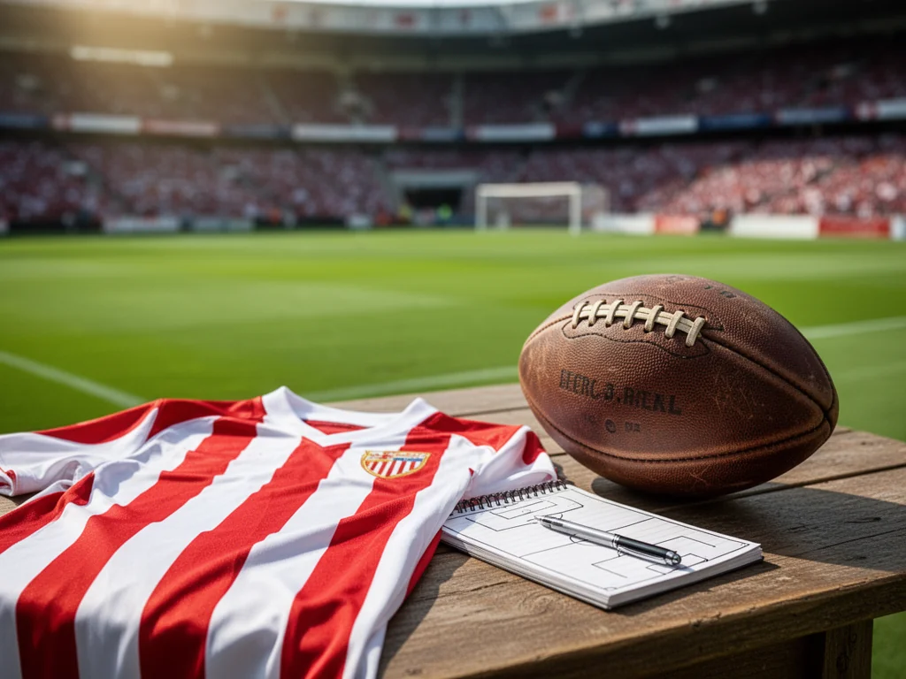 Koszulka Nottingham Forest, stara piłka i notes taktyczny na tle stadionu, symbolizujące historię i sukcesy klubu