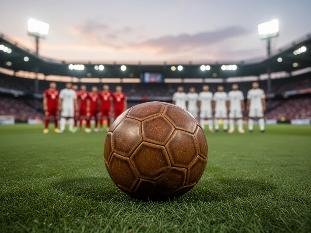 Piłka nożna na murawie stadionu przed meczem Osasuna – Real Madryt, drużyny w czerwonych i białych strojach w tle.