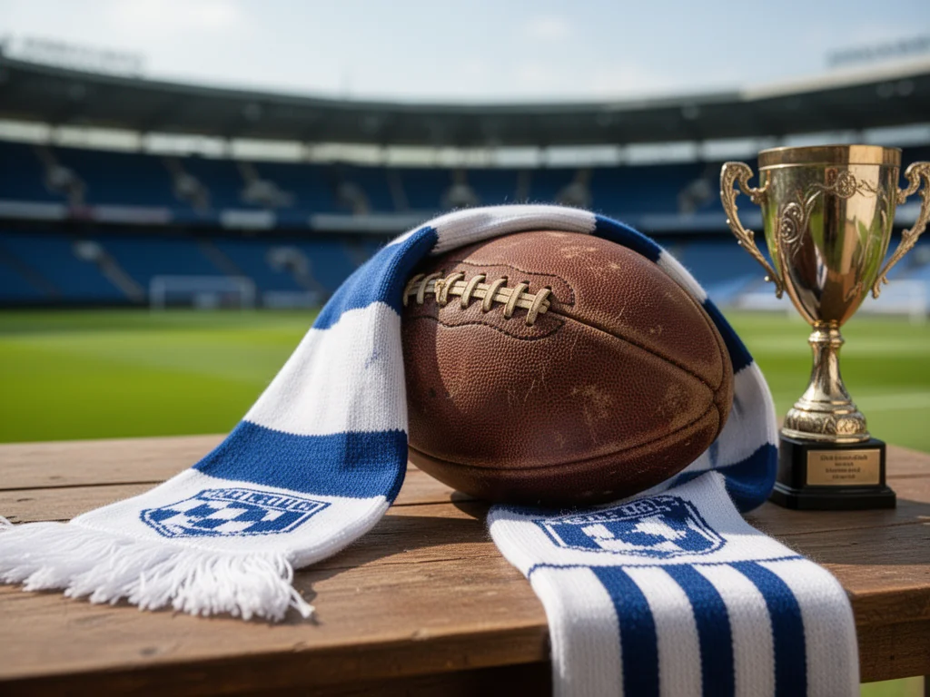 Szalik Odry Opole, stara piłka i puchar na tle stadionu, podkreślające historię sukcesów i klubowe osiągnięcia.