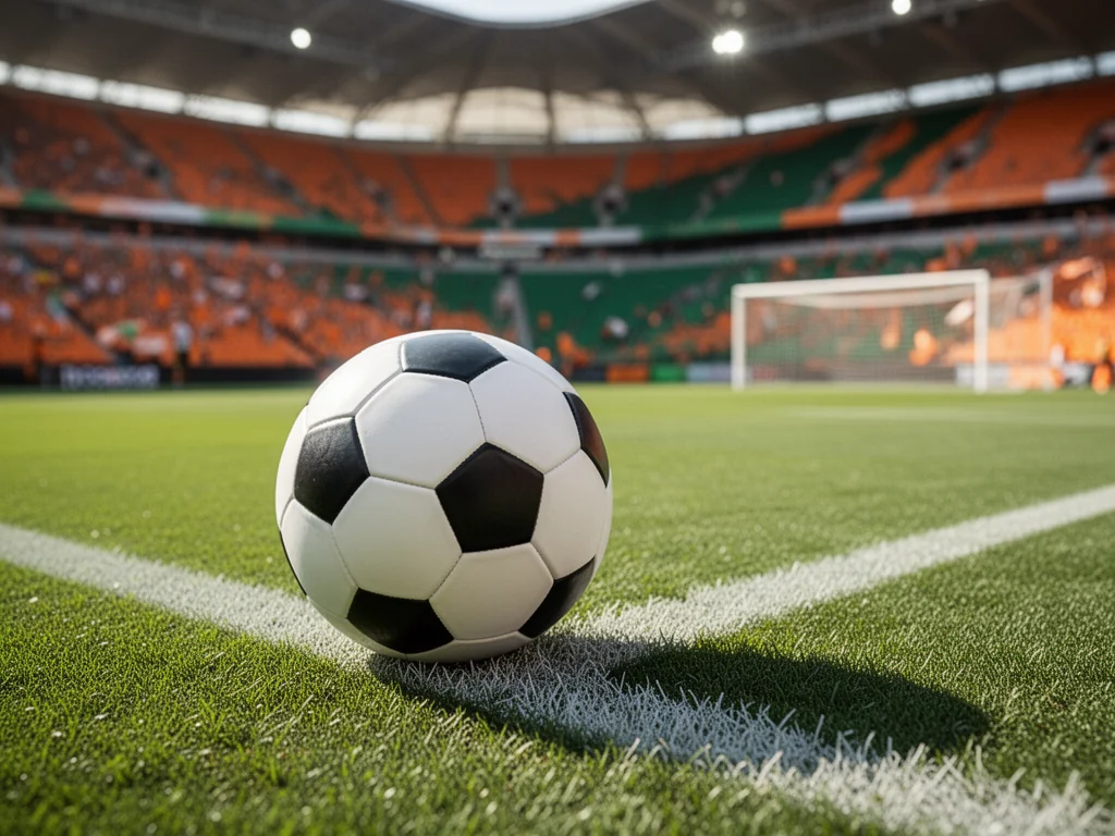 Piłka na zielonej murawie stadionu Zagłębia Lubin, symbolizująca statystyki, tabelę i rankingi strzelców.