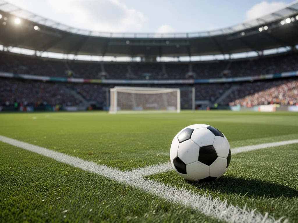 Piłka nożna na zielonej murawie stadionu, w tle bramka i trybuny – atmosfera meczu Sandecji i sportowej rywalizacji.