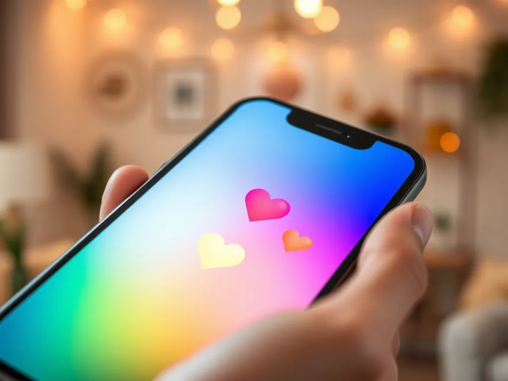 Smartfon z kolorowymi serduszkami na ekranie Snapchata w przytulnym, ciepło oświetlonym pokoju, tworzącym luźną atmosferę.