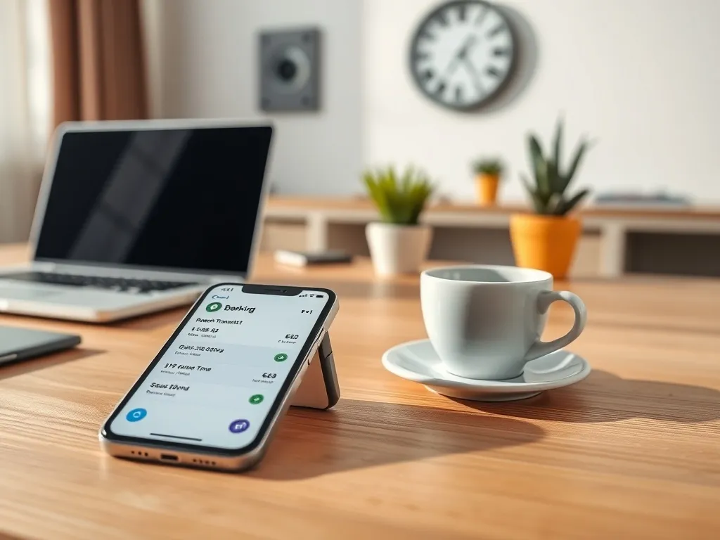 Smartfon z aplikacją bankową pokazującą przelew przychodzący, na biurku w domowym biurze w późne przedpołudnie