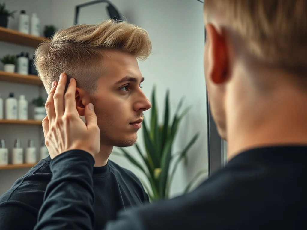 Mężczyzna w nowoczesnym barbershopie podziwia w lustrze świeżo rozjaśnione blond włosy, w tle półki z kosmetykami.