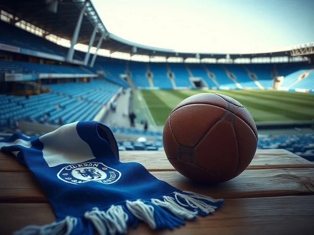 Niebiesko-biały szalik i stara piłka na tle stadionu, symbolizujące tradycję i historię Zawiszy Bydgoszcz