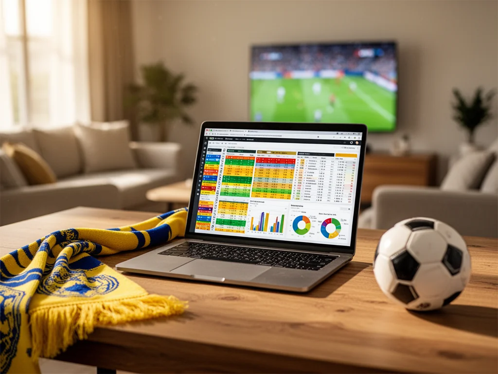 Laptop z tabelami ligowymi Villarreal na biurku, obok żółto‑niebieski szalik i piłka, w tle rozmyty mecz w TV.
