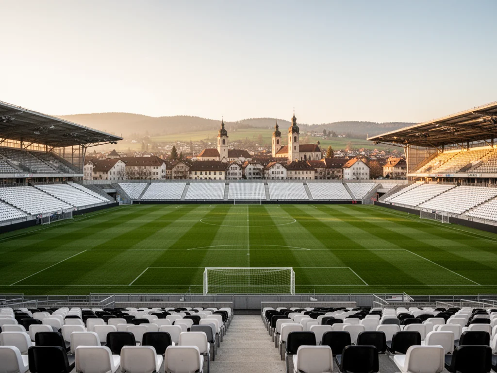 Stadion SK Sturm Graz o zachodzie słońca, puste trybuny i zielona murawa na tle wzgórz oraz europejskiej zabudowy.