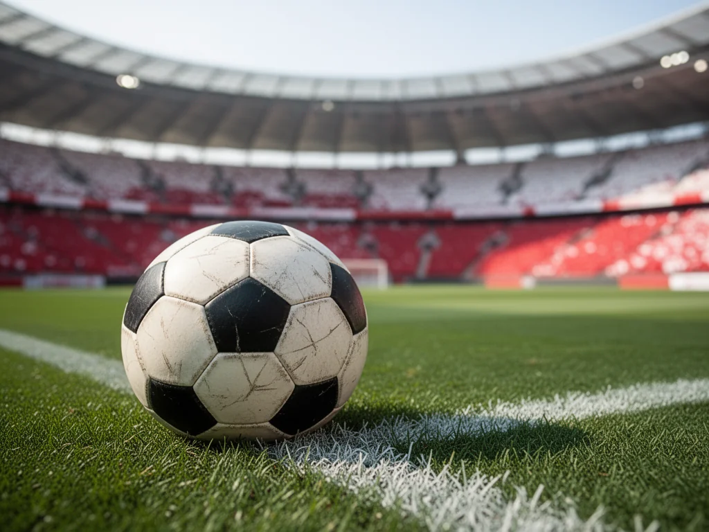Piłka na zielonej murawie przed nowoczesnym stadionem w barwach Polski, symbolizująca historię i zmiany reprezentacji.