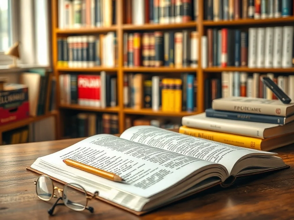 Otwarty słownik języka polskiego na biurku, obok ołówek i okulary, w tle półki z książkami językowymi.