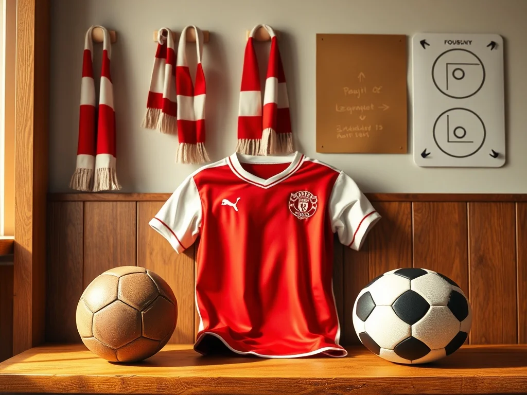 Czerwona koszulka Austrii na ławce w szatni z piłkami, w tle szaliki i tablica taktyczna, klimat stadionowy.