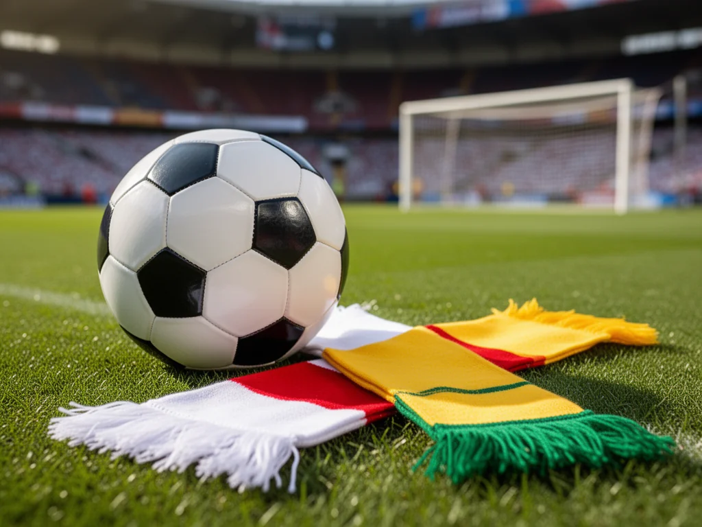 Piłka nożna na murawie, obok skrzyżowane szaliki Polski i Litwy, w tle rozmyty stadion i bramka