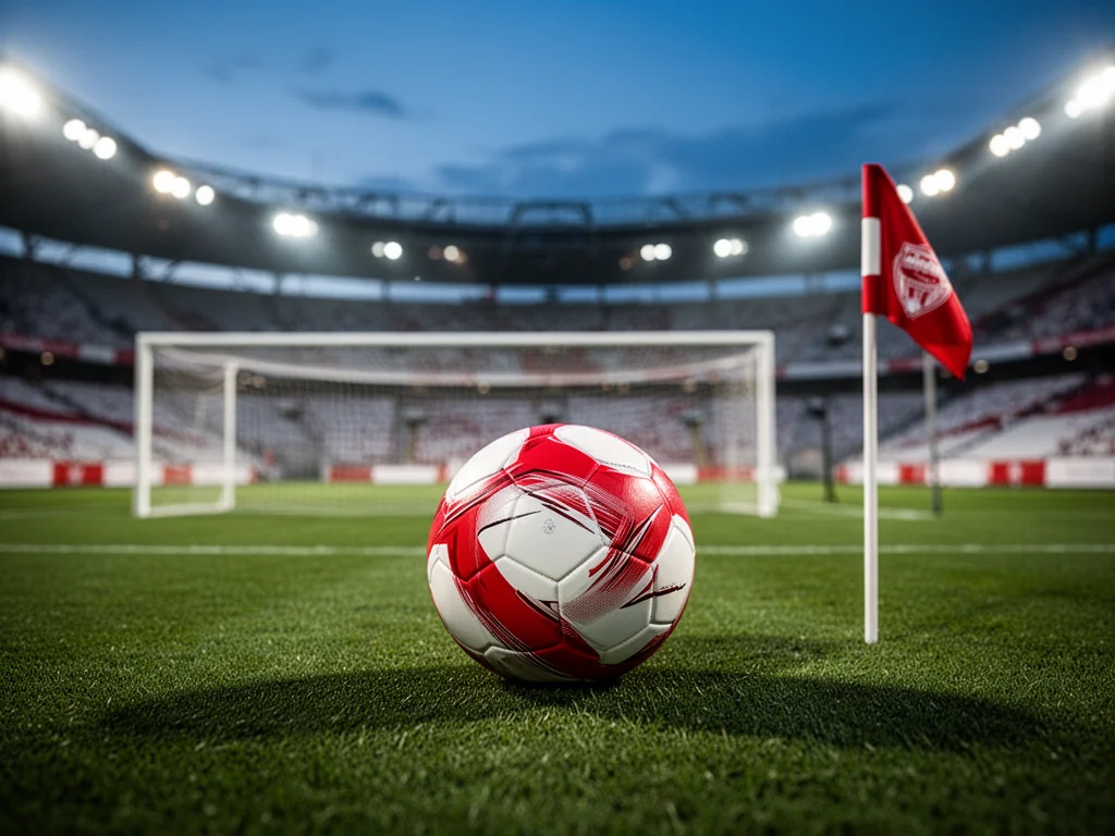 Piłka w barwach Olympiakosu na murawie przed bramką, stadion w tle podkreśla rangę klubu w Grecji i Europie.