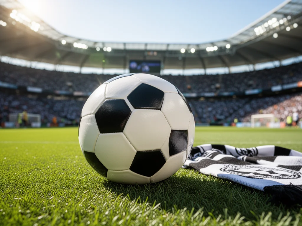 Piłka nożna na murawie stadionu z czarno-białym szalikiem, symbolizująca atmosferę meczów i formę Udinese.