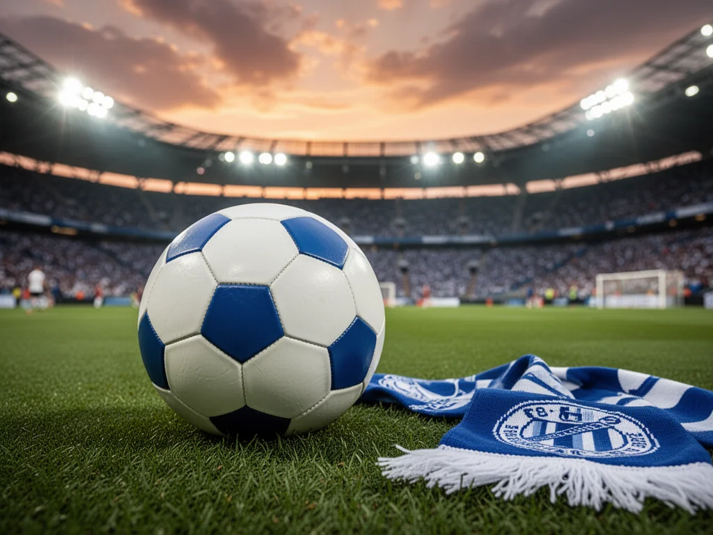 Piłka nożna na murawie stadionu Stali Mielec przy zachodzie słońca, w tle trybuny i kibice w klubowych barwach