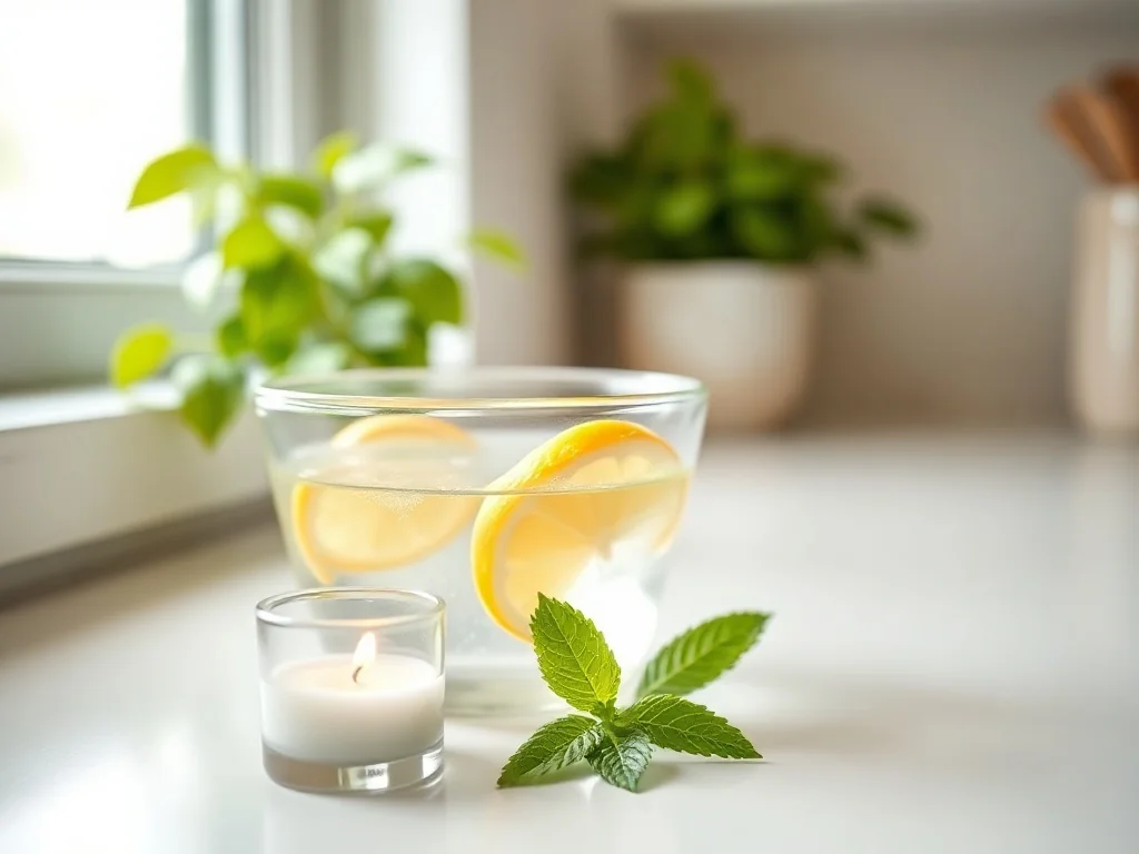 Naturalny sposób na meszki w domu: miseczka z wodą, cytryną i miętą oraz świeca na czystym, jasnym blacie kuchennym.
