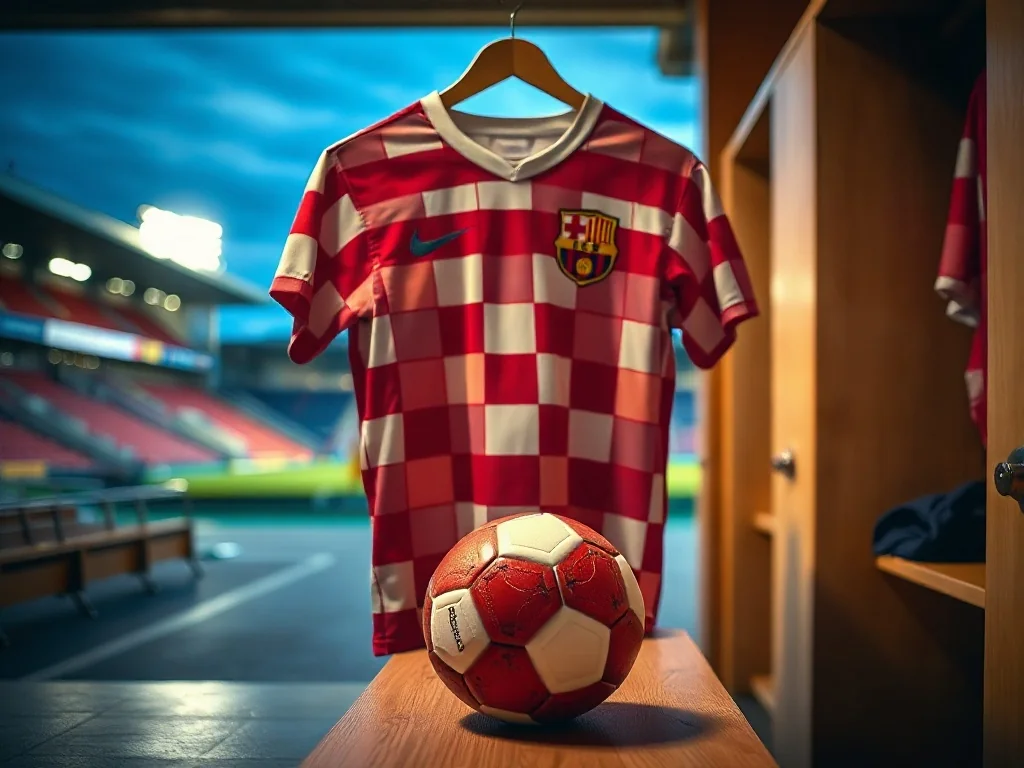 Koszulka Chorwacji w biało‑czerwoną szachownicę z piłką w szatni, w tle rozświetlony stadion przed meczem.
