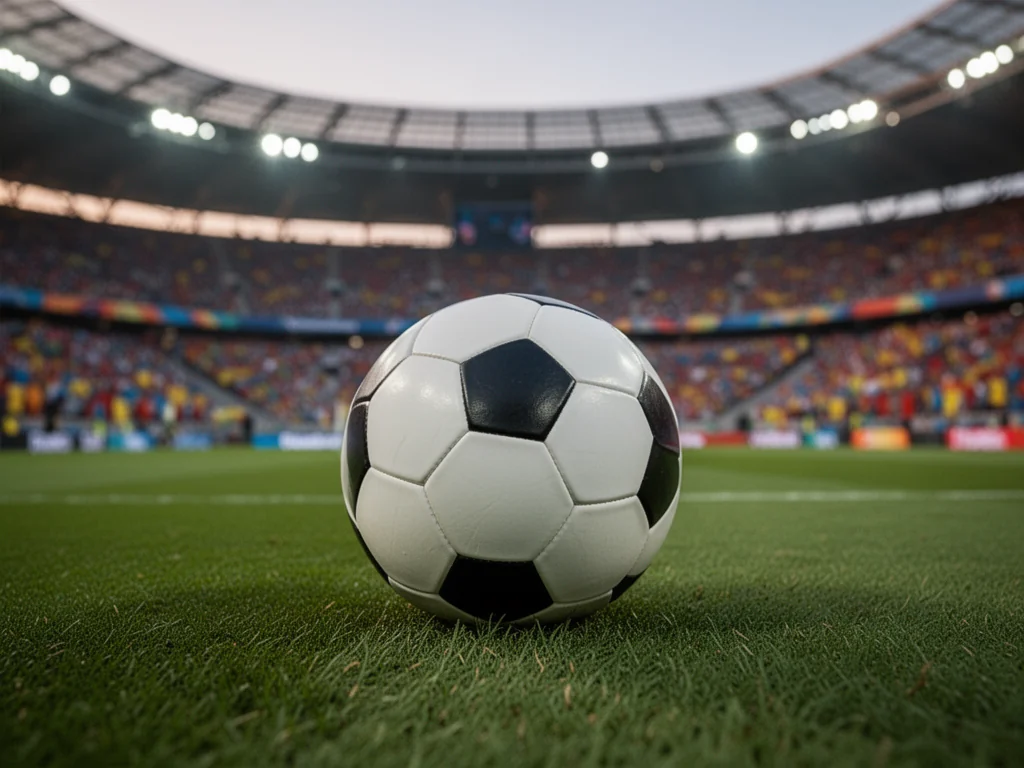 Piłka na murawie stadionu w wieczornym świetle, w tle rozmazane trybuny pełne kibiców podczas wielkiego turnieju.