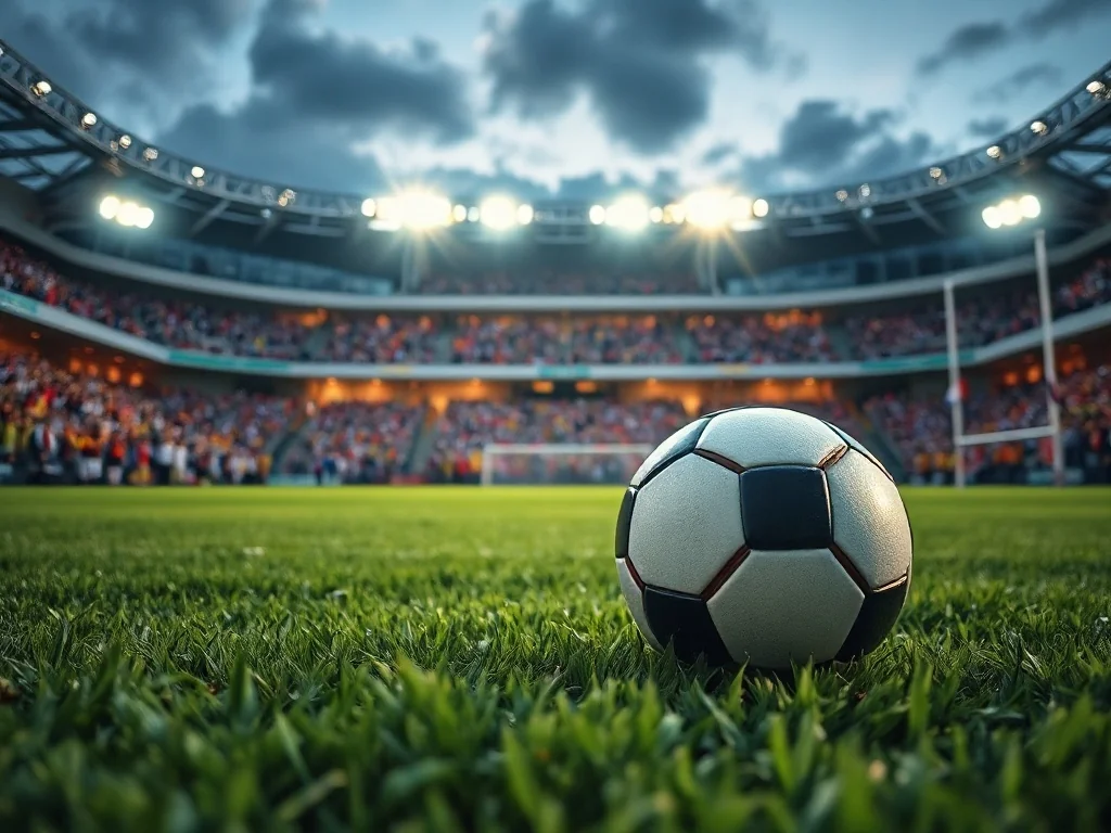 Piłka nożna na murawie oświetlonego stadionu, w tle rozmazany tłum kibiców reprezentacji Niemiec.