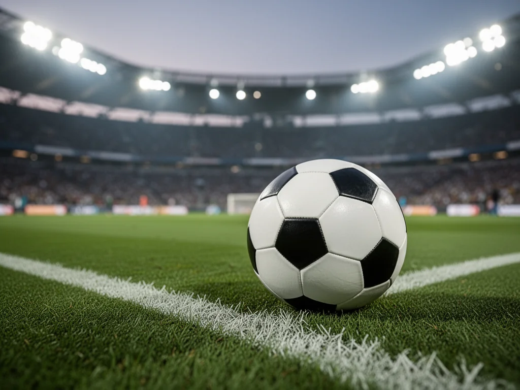 Piłka nożna na murawie stadionu w blasku jupiterów, symbolizująca emocje i rywalizację w Serie A.