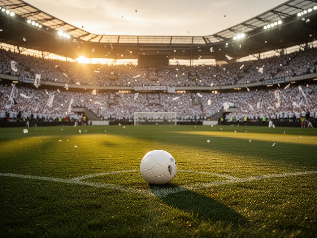 Pełny stadion piłkarski o zachodzie słońca, piłka na środku murawy, tłum w bieli świętuje sukcesy Realu Madryt.