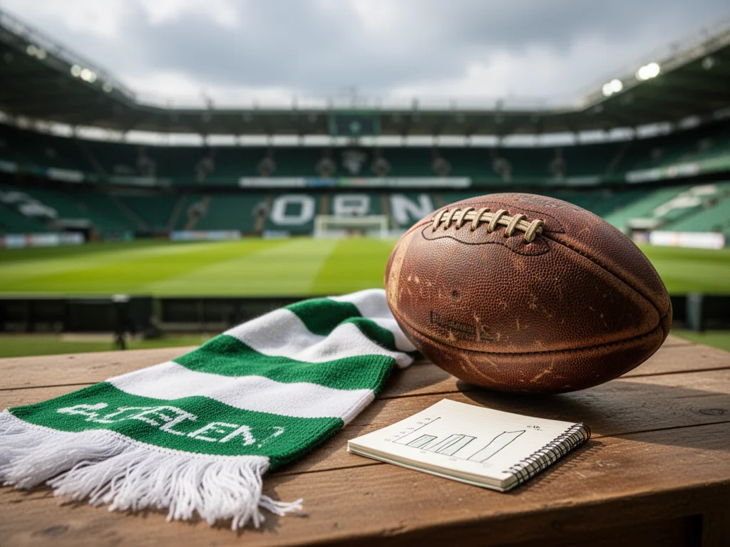 Zabytkowa piłka i szalik Werderu Brema na tle stadionu, obok notes z wykresami ilustrujący rankingi i historyczne sezony