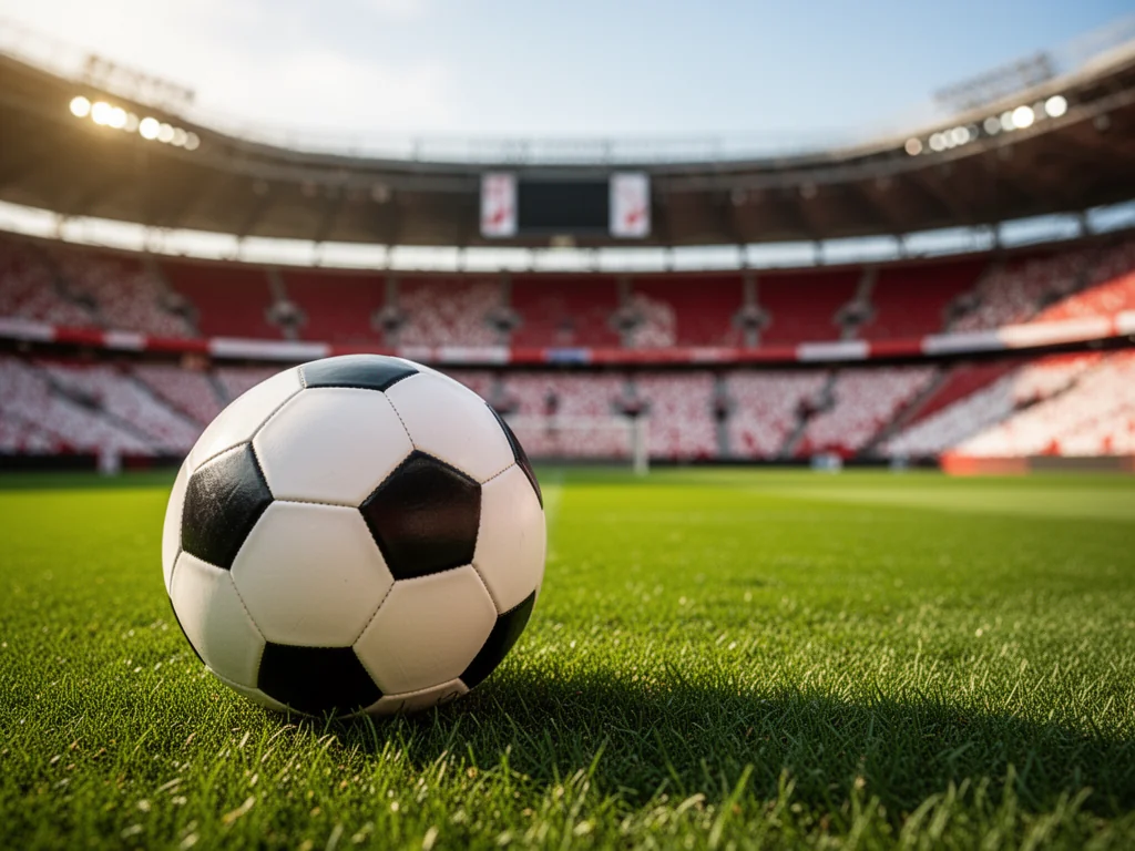 Piłka nożna na murawie stadionu, w tle trybuny – symbol sukcesów i rankingów Sparty Praga.