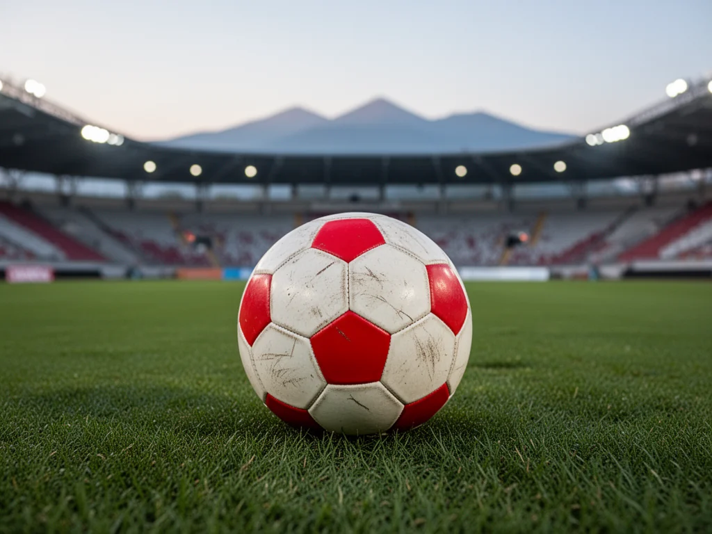 Piłka nożna na murawie stadionu w Bielsku-Białej, w tle trybuny i góry, nawiązanie do historii Podbeskidzia.