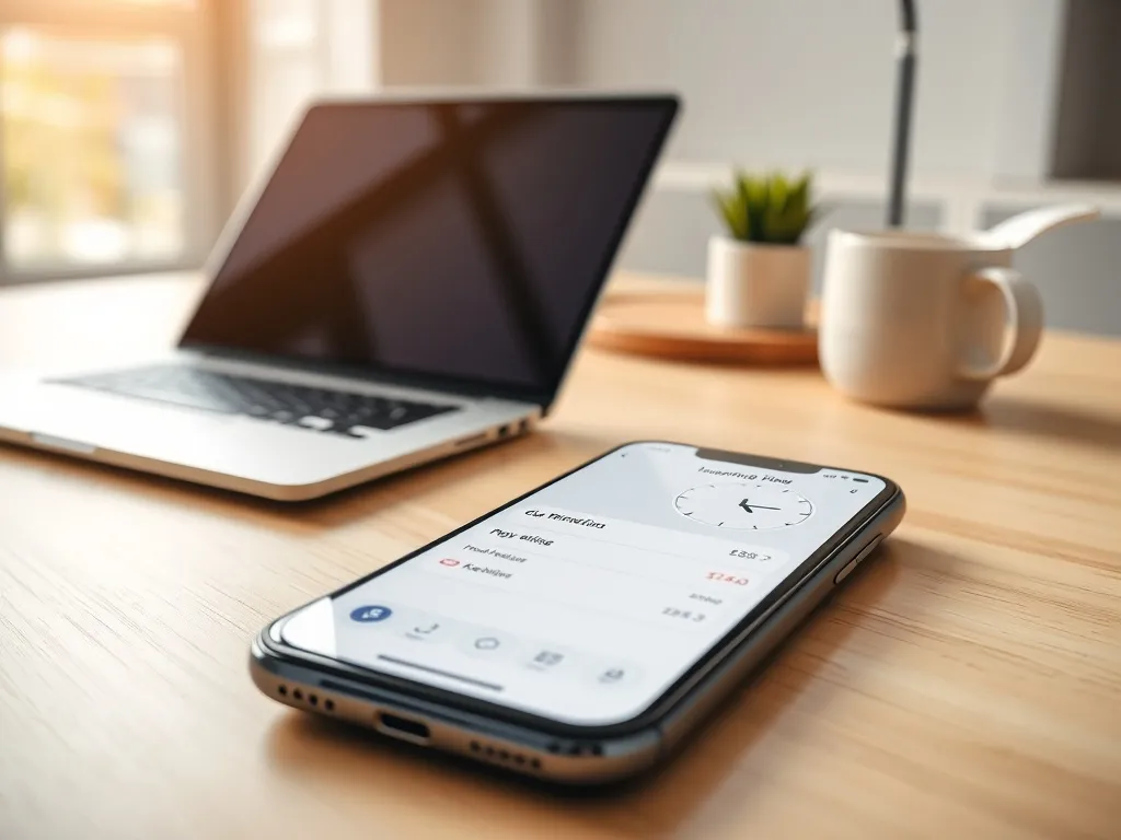 Smartfon z aplikacją bankową i ikoną wpływu środków obok zegara wskazującego poranek, w jasnym domowym biurze.