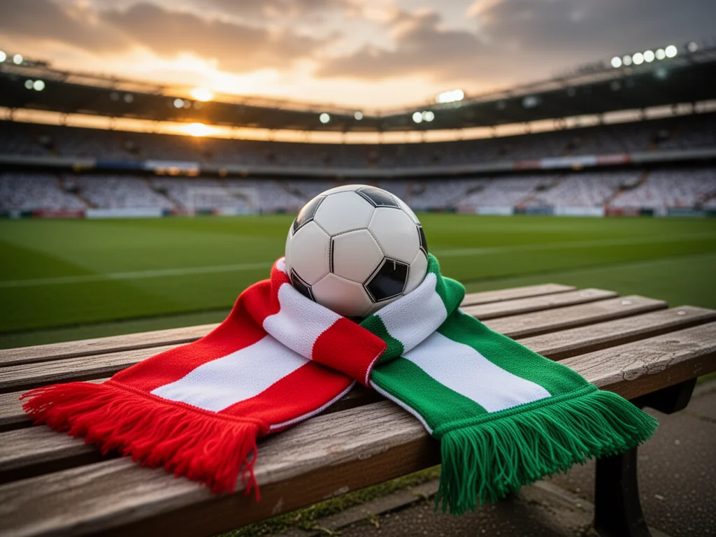 Czerwono-biały szalik Widzewa i zielono-biały Legii skrzyżowane przy piłce na tle stadionu o zachodzie słońca