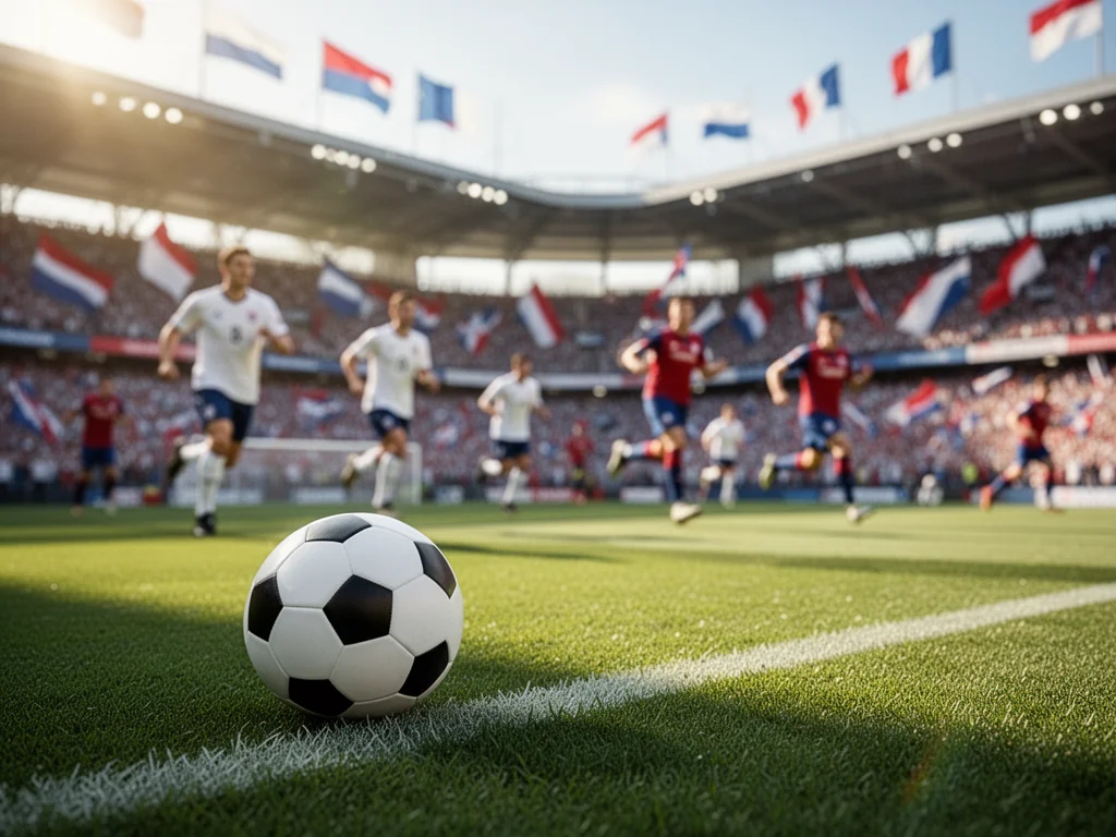 Piłka na murawie stadionu Lyonu, w tle mecz i kibice w barwach czerwono-biało-niebieskich, podkreślające sukcesy klubu.