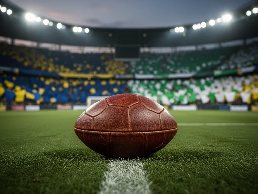 Skórzana piłka na murawie stadionu, w tle kibice Motoru Lublin i Legii Warszawa w klubowych barwach.