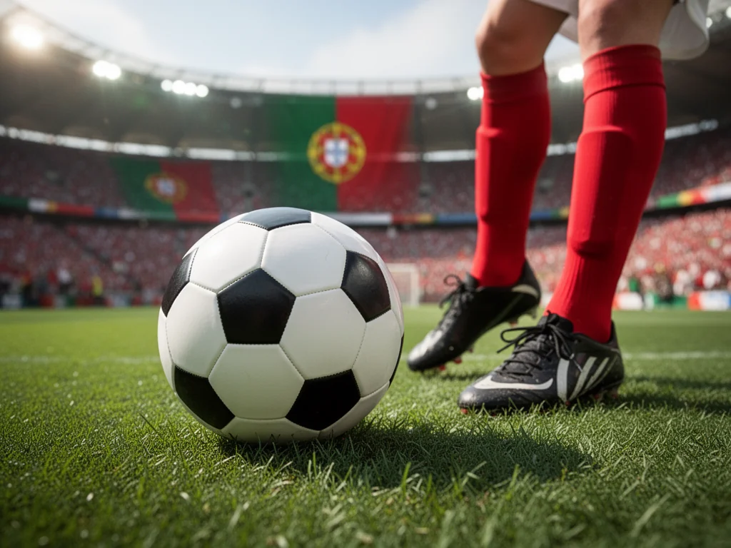 Piłkarz w czerwonych getrach szykuje się do kopnięcia piłki na murawie stadionu, w tle kibice Portugalii.