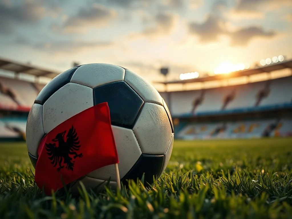 Piłka nożna na murawie obok albańskiej flagi na tle stadionu o zachodzie słońca, symbolizująca reprezentację Albanii.