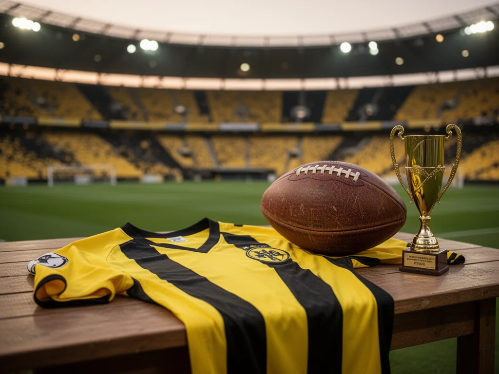 Koszulka Young Boys, stara piłka i złote trofeum na tle stadionu w żółto‑czarnych barwach klubu