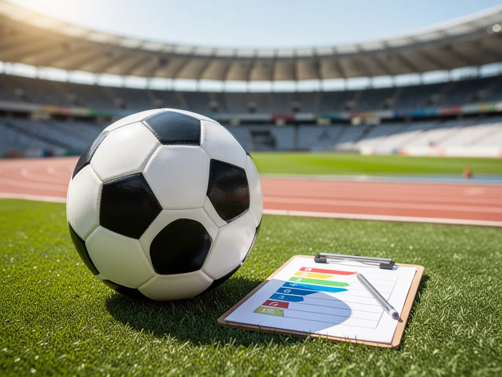 Piłka nożna na boisku obok tabeli rankingowej, w tle nowoczesny stadion z bieżnią olimpijską.