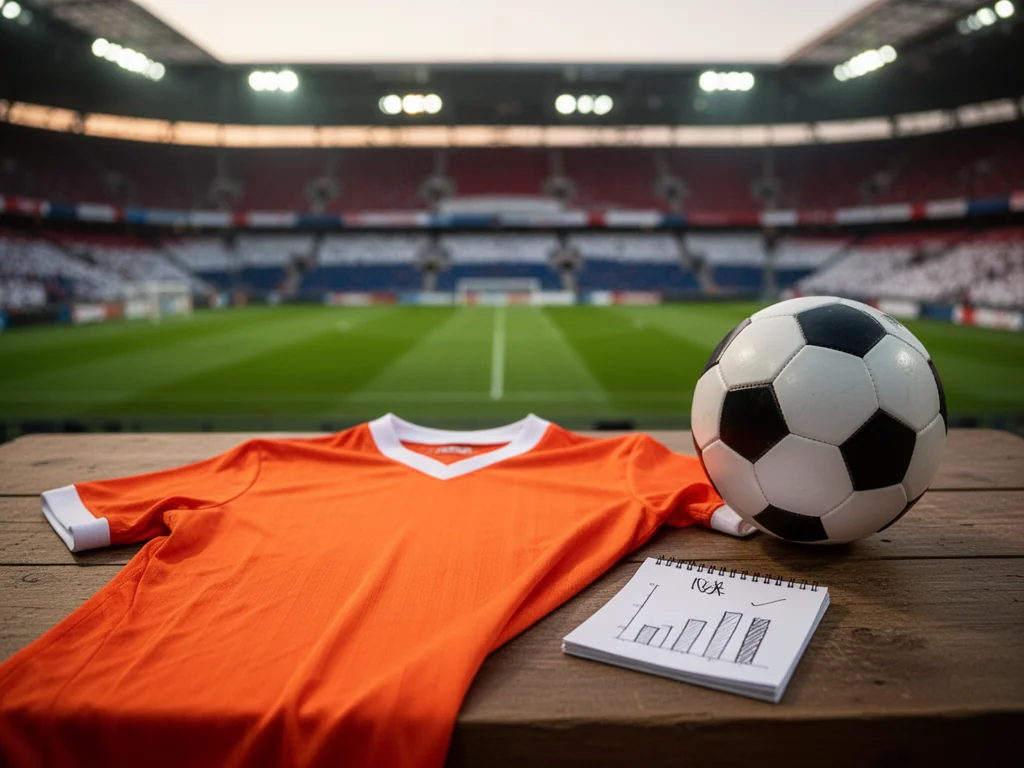 Pomarańczowa koszulka Holandii, piłka i notatnik z wykresami na tle stadionu, symbolizujące rankingi reprezentacji.