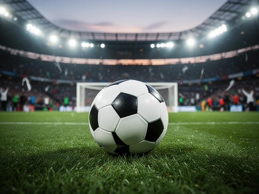 Piłka nożna na murawie stadionu w blasku jupiterów, symbolizująca mecze, wyniki i statystyki Radomiaka Radom