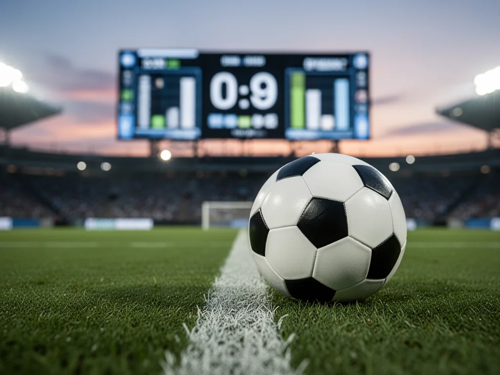 Piłka nożna na murawie przy linii bocznej boiska, w tle rozmyte stadionowe tablice wyników i światła meczowe.