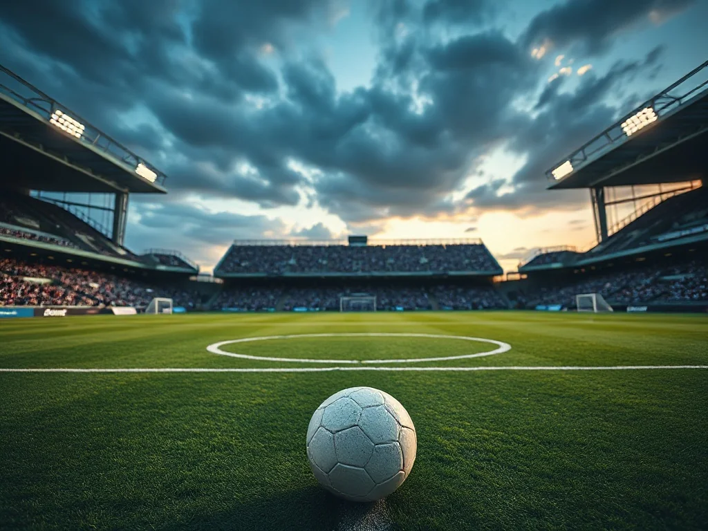 Piłka na środku murawy nowoczesnego stadionu, gotowa do meczu Real Madryt – A.C. Milan przy jupiterach o zmierzchu.