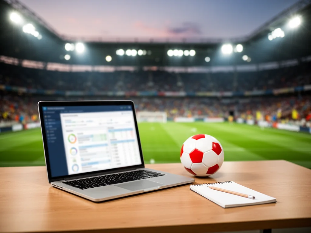 Laptop z rozmazanymi statystykami Wrexham, piłka i notatnik na biurku, w tle oświetlony stadion piłkarski o zmierzchu.