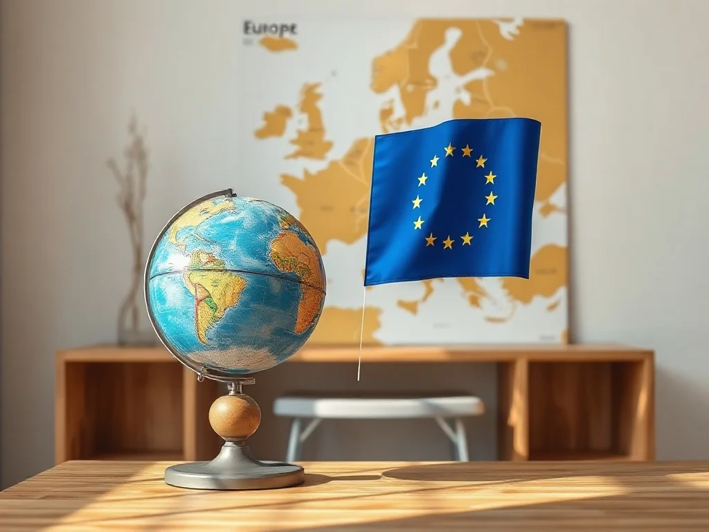 Glob ziemski na biurku obok złożonej flagi UE i mapa Europy z wyróżnioną Rumunią w tle