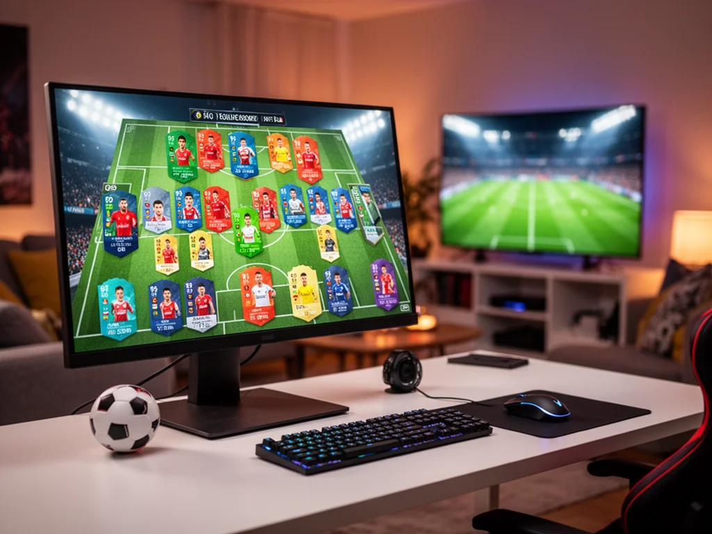 Nowoczesne stanowisko z monitorem pokazującym skład PSG i oceny piłkarzy, w tle telewizor z meczem na boisku
