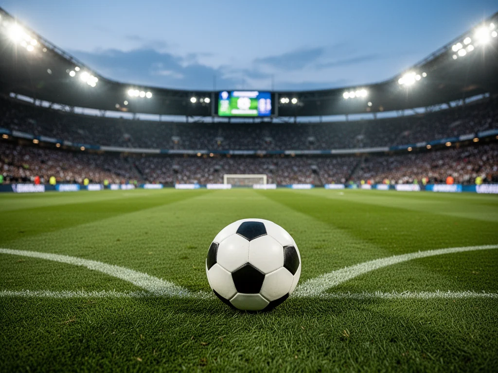 Piłka na murawie oświetlonego stadionu piłkarskiego, gotowa do meczu, symbolizując wyniki i statystyki OGC Nice.