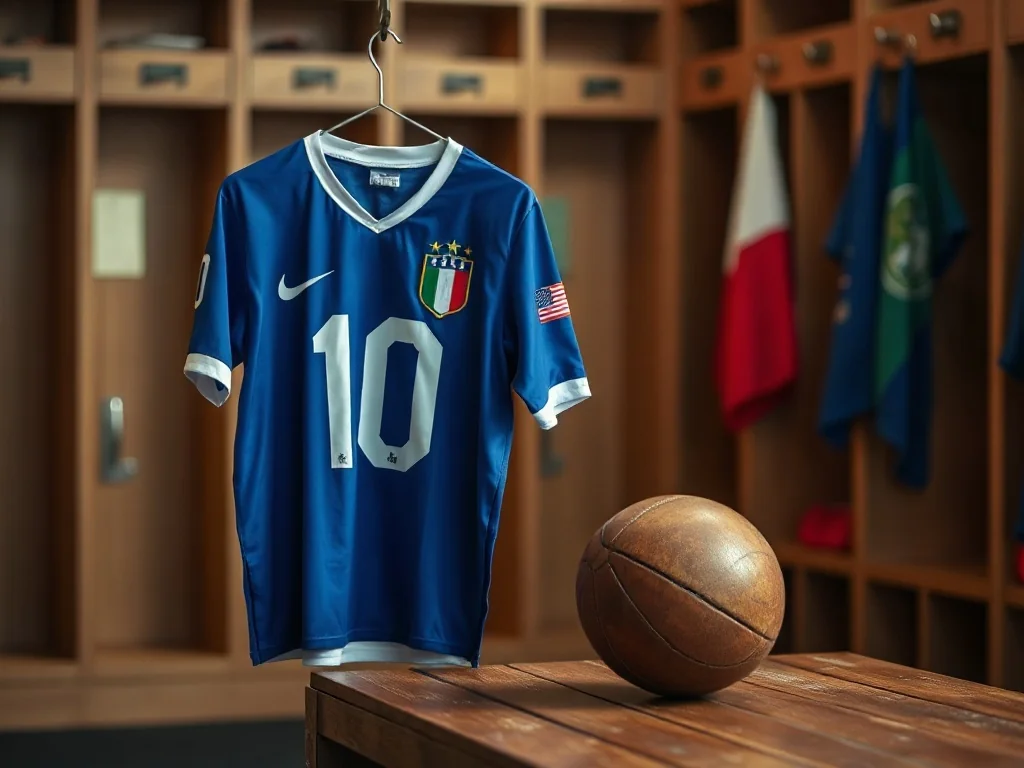 Koszulka reprezentacji Włoch z numerem 10 i stara piłka w szatni, symbolizujące historię i legendy Squadra Azzurra.
