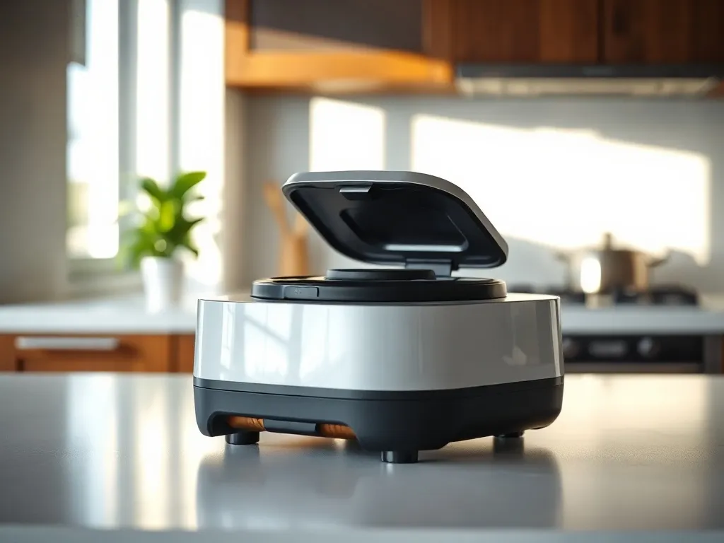 Nowoczesny robot kuchenny Thermomix na blacie w jasnej, eleganckiej kuchni, sugerujący profesjonalny serwis i naprawę.