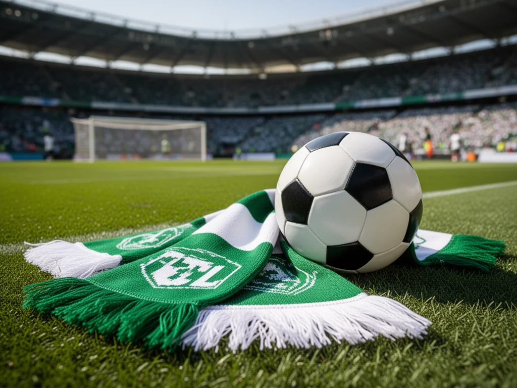 Zielono-biały szalik i piłka na murawie stadionu, w tle kibice i bramka, podkreślające atmosferę meczów VFL Wolfsburg.
