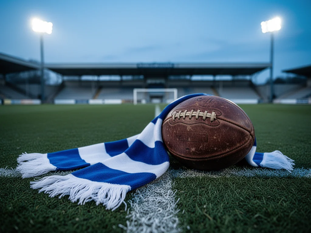 Szalik Ruchu Chorzów i stara piłka na murawie, w tle stadion, podkreślenie tradycji i historii klubu